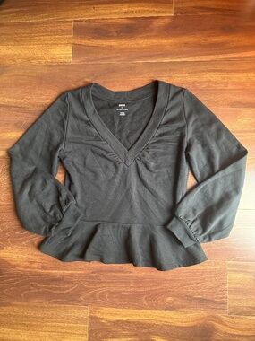 MAEVE by Anthropologie Black V neck Bishop Sleeves Peplum Blouse Size medium